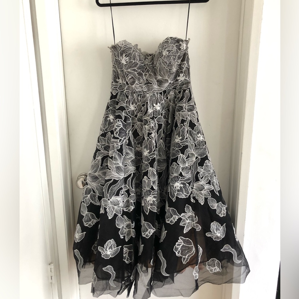 Alberto makali black floral print organza strapless cocktail dress size 6